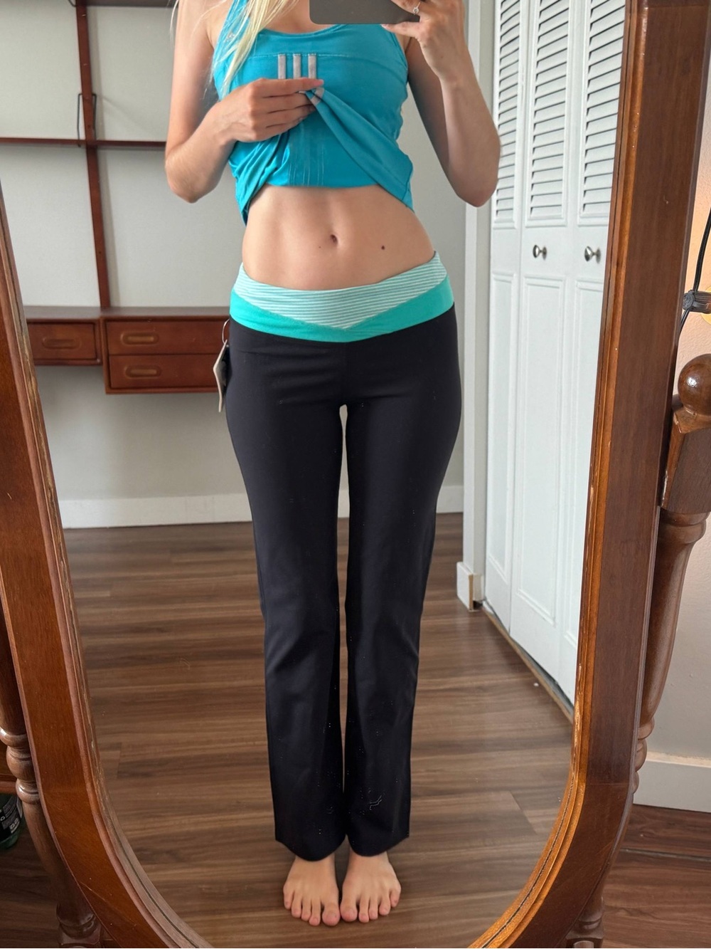 Tuff Athletics Black Straight-Leg Pants with Teal Fold-Over Waistband